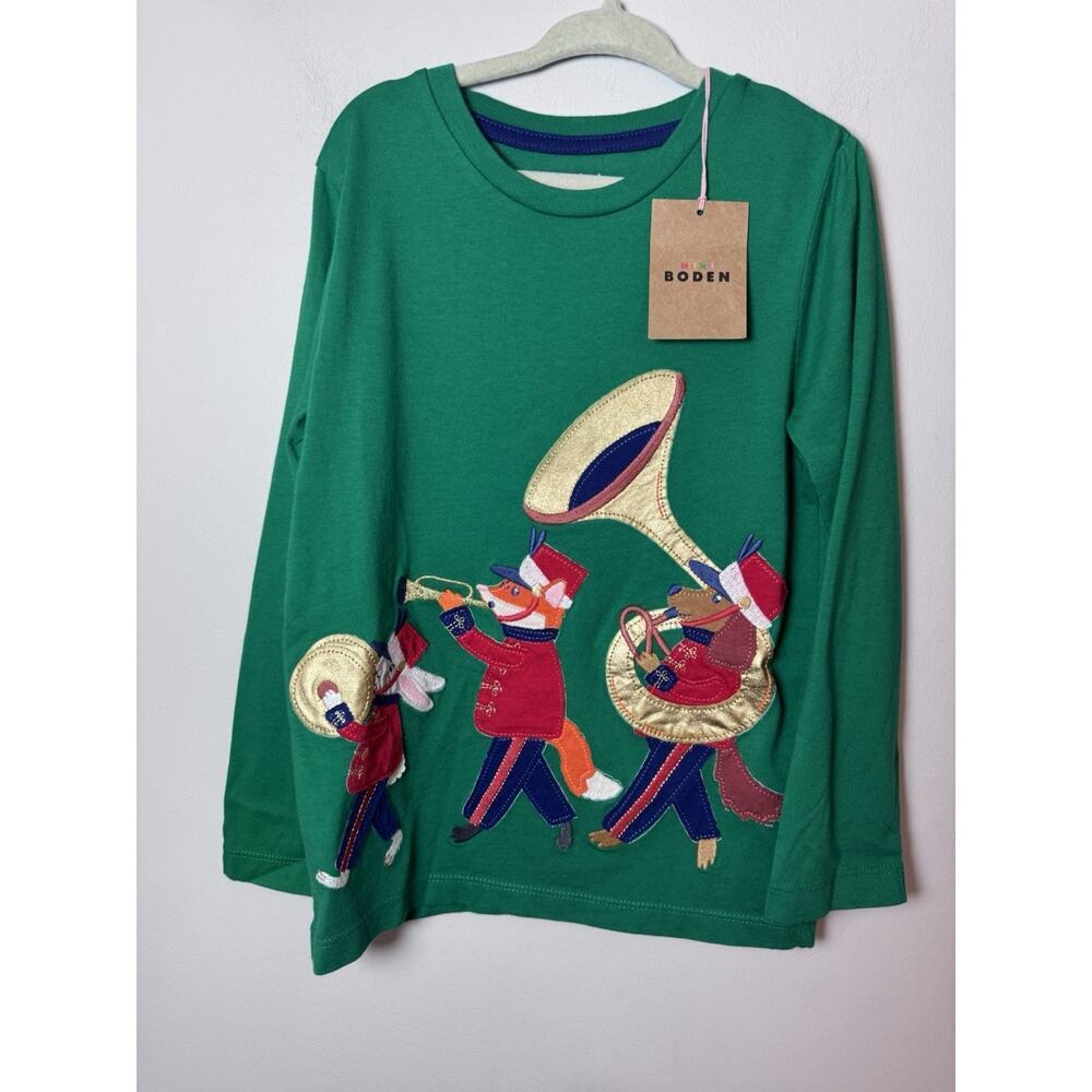 Mini Boden Green Long Sleeve Applique Tee Animals Marching Band 4-5 Years NWT